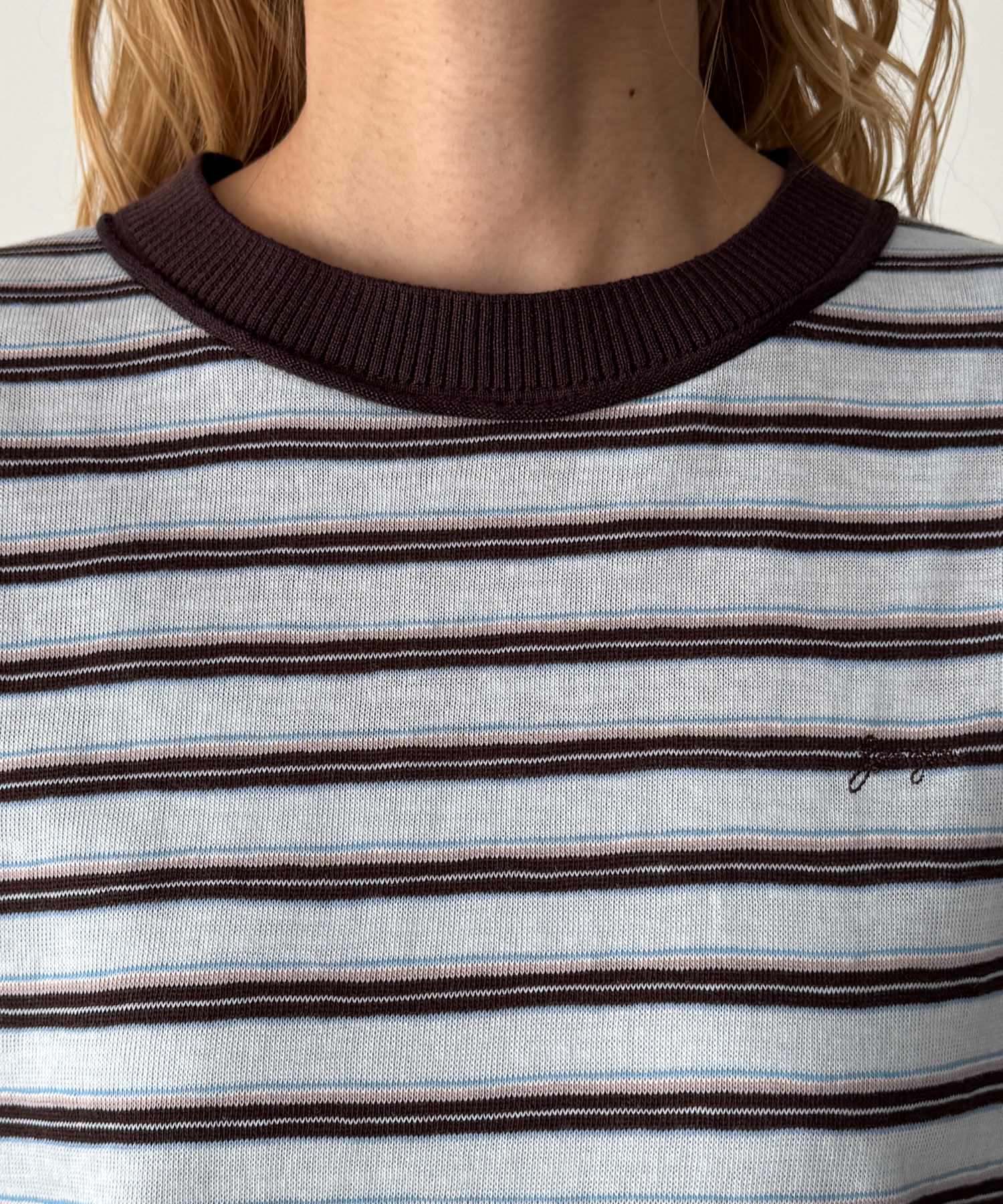 襟リブ胸刺繍ボーダーリンガーTシャツ