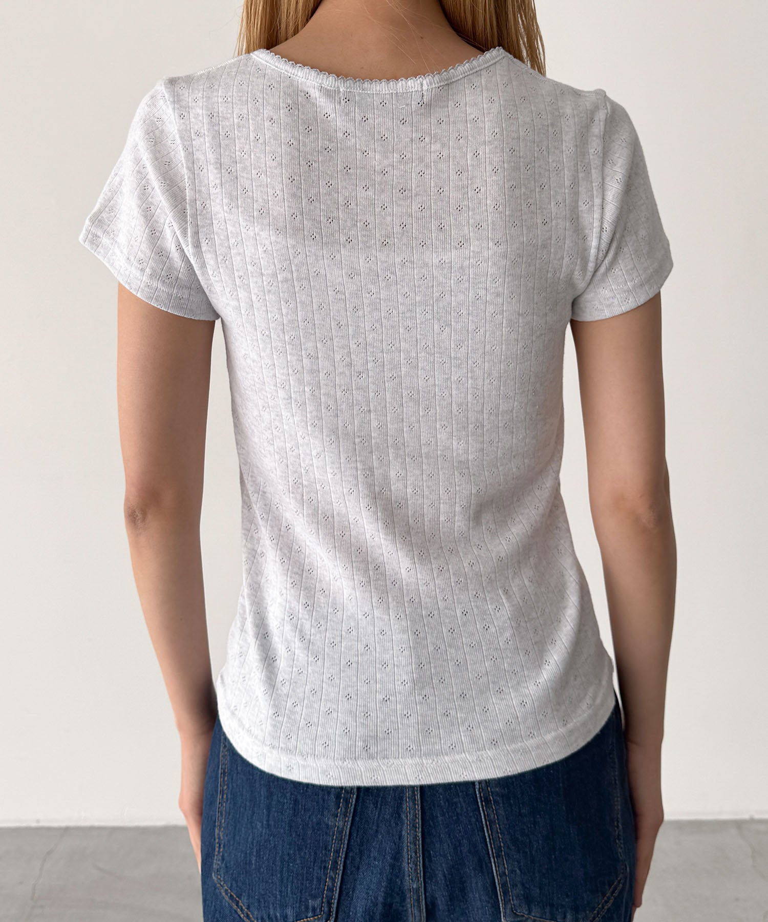 ピコレースアイレットラウンドTシャツ
