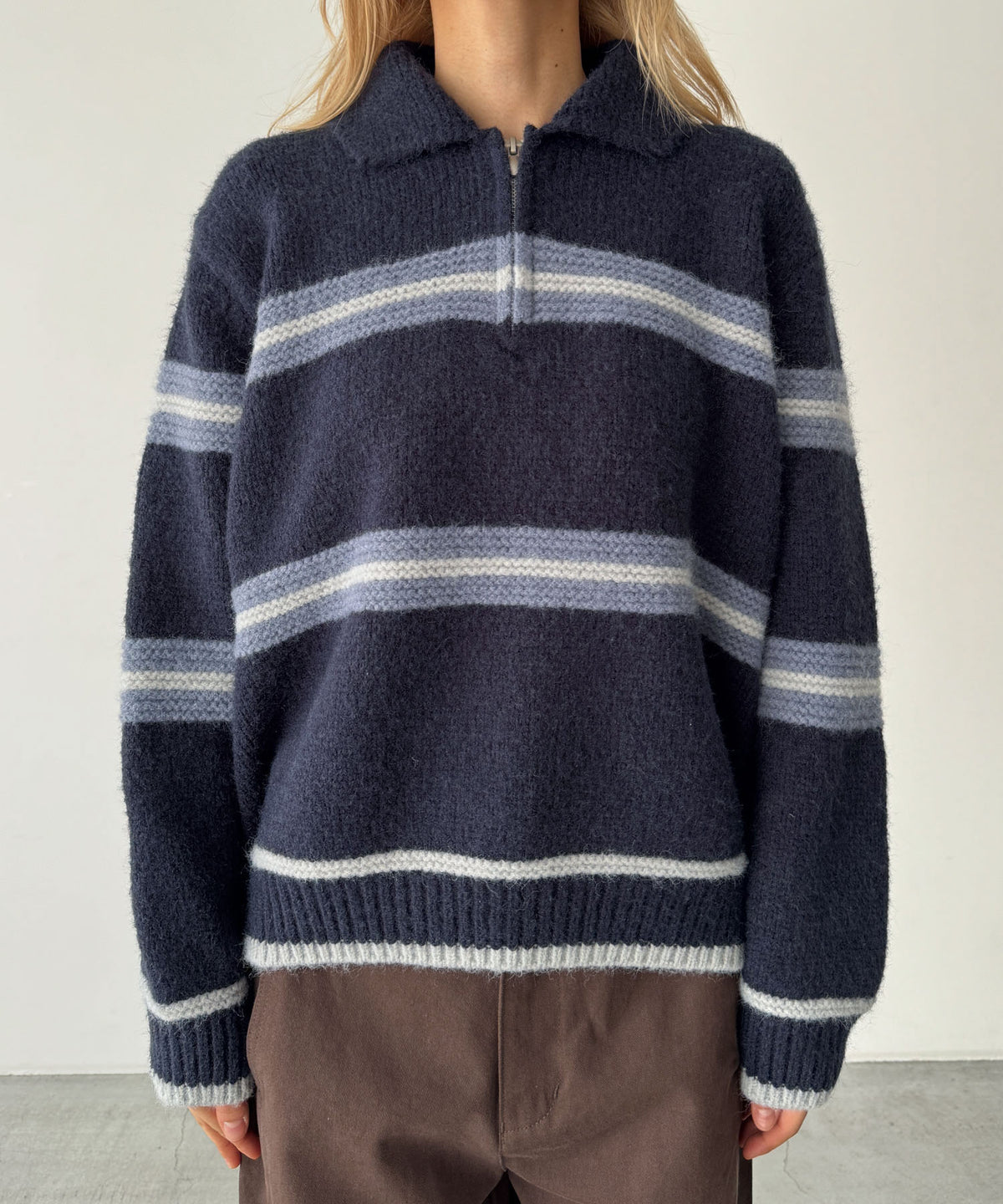 マルチボーダーハーフZIPポロニット