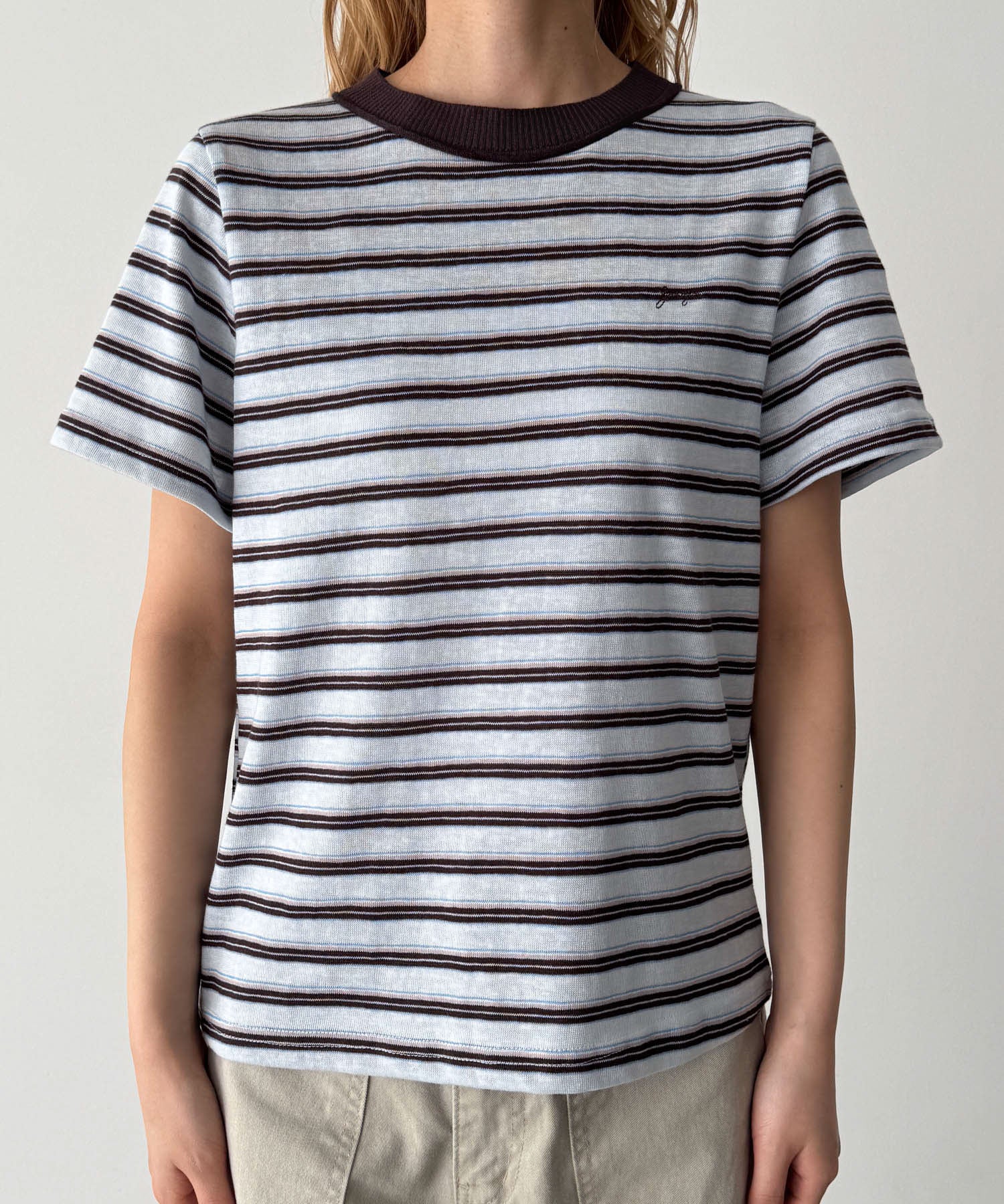 襟リブ胸刺繍ボーダーリンガーTシャツ