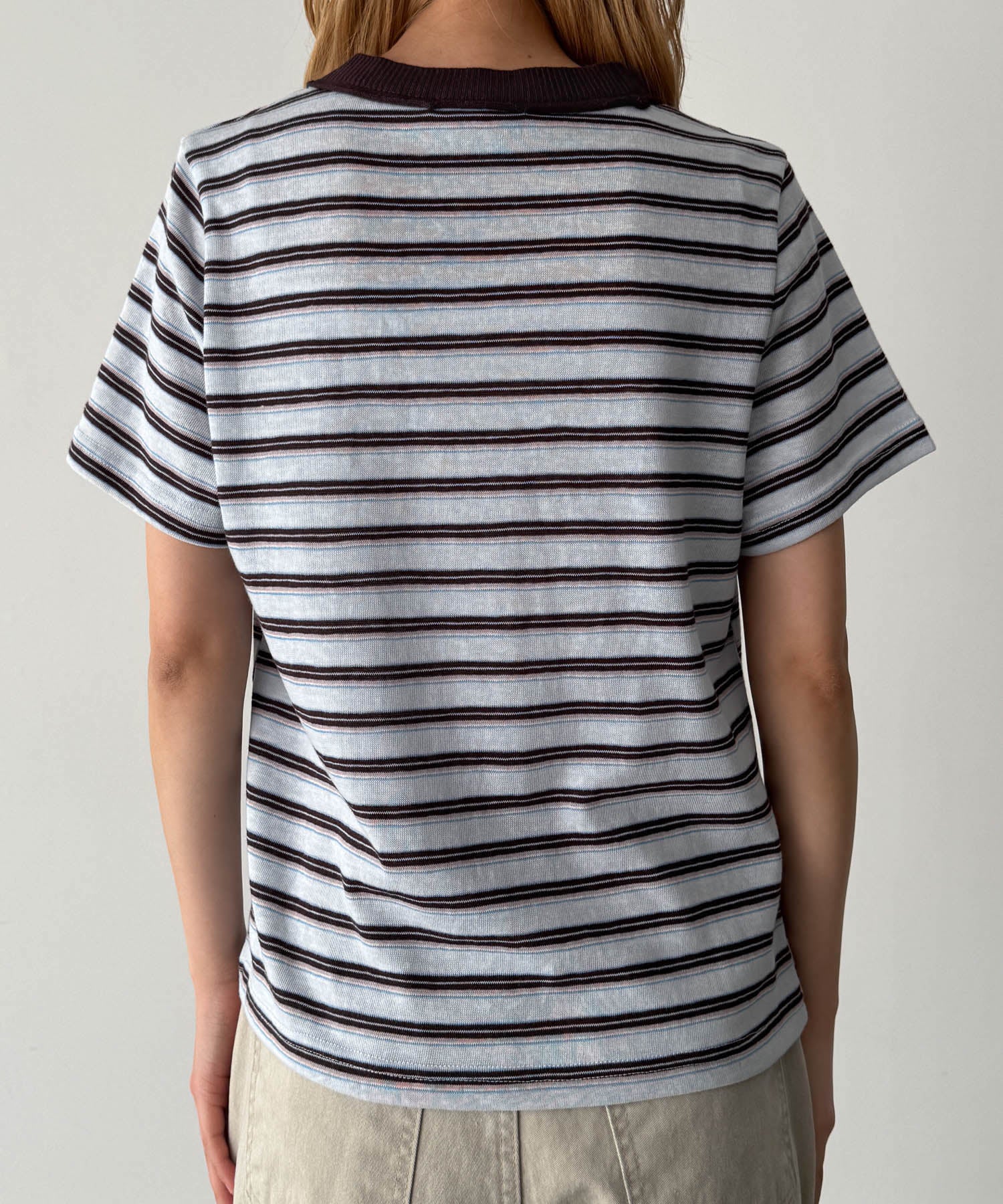 襟リブ胸刺繍ボーダーリンガーTシャツ