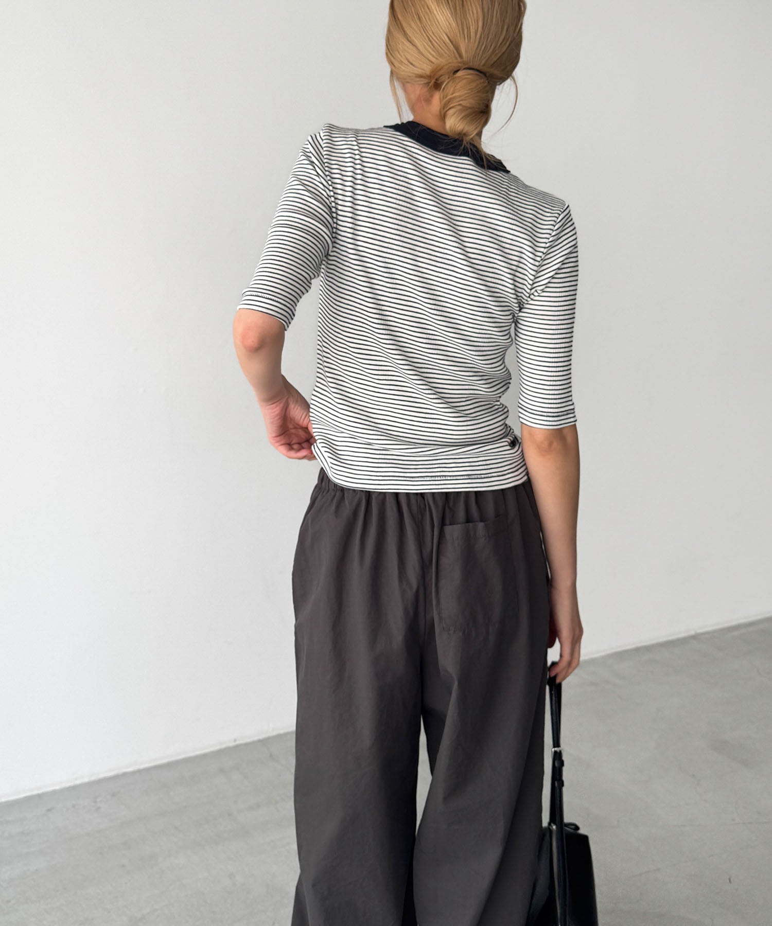配色パネルリブボーダー5分袖Tシャツ