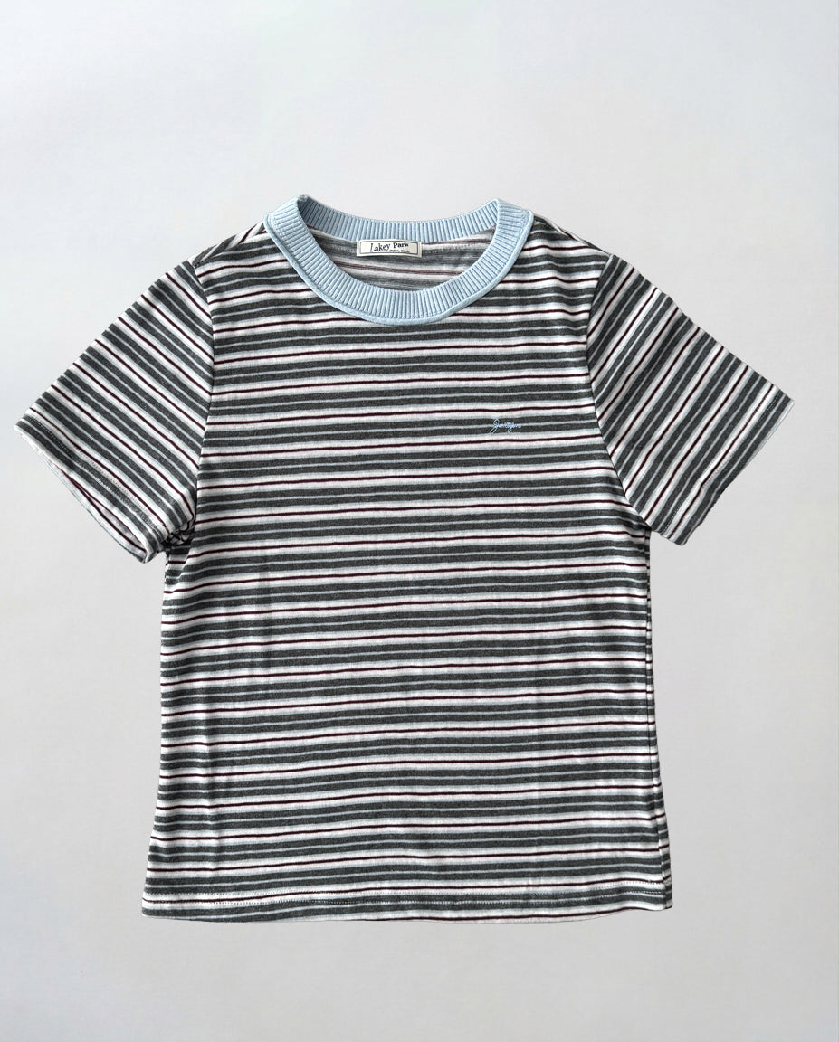 襟リブ胸刺繍ボーダーリンガーTシャツ